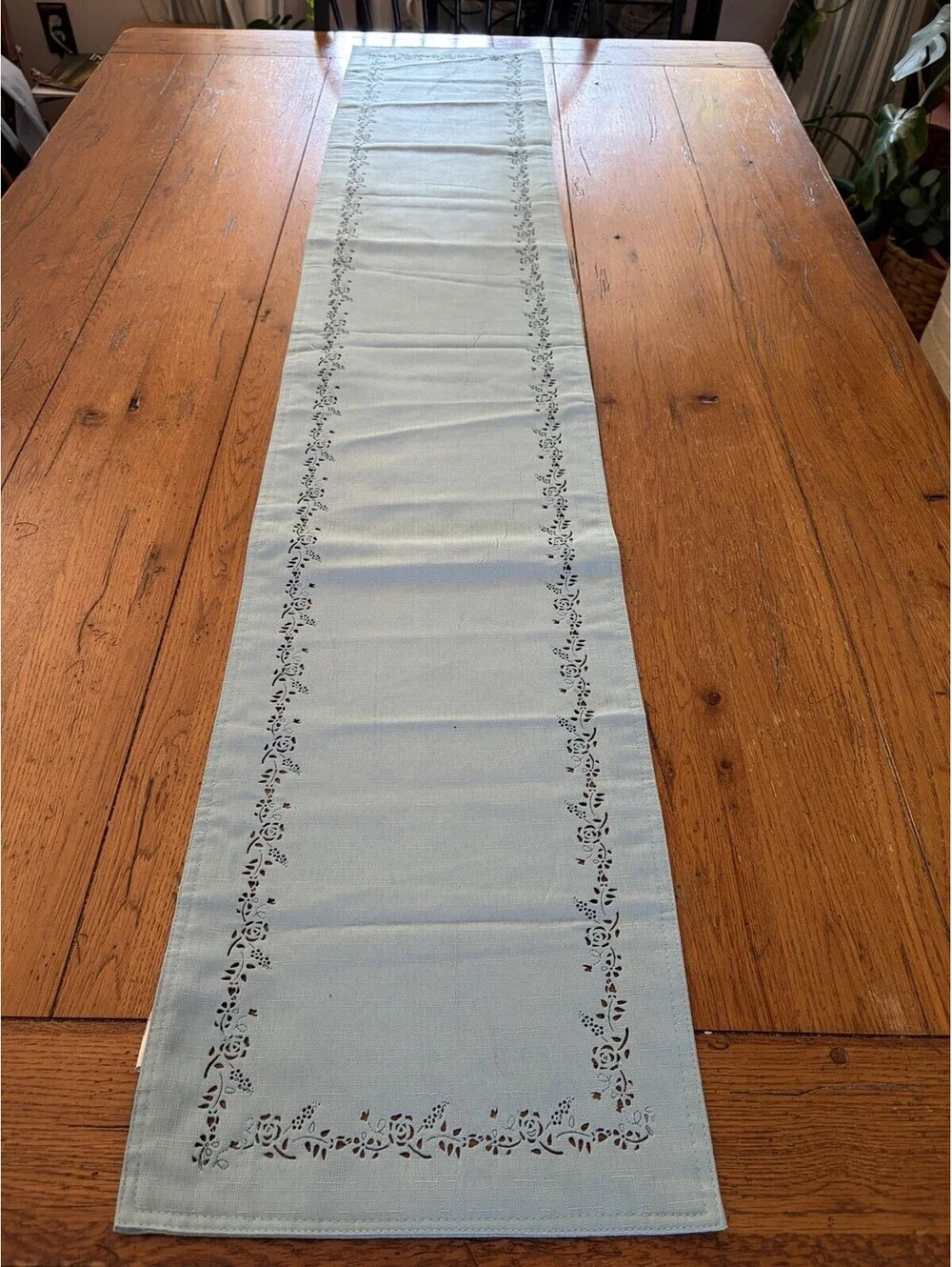 Vintage Style Table Runner Solid Blue Green With Cutwork Floral Border  12x68”